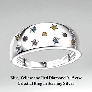 Genuine Blue, Yellow, and Red Diamonds Celestial Sterling Silver Ring